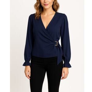 Lulus Navy Blue Wrap Blouse with Buckle Detail Women’s Size Medium
